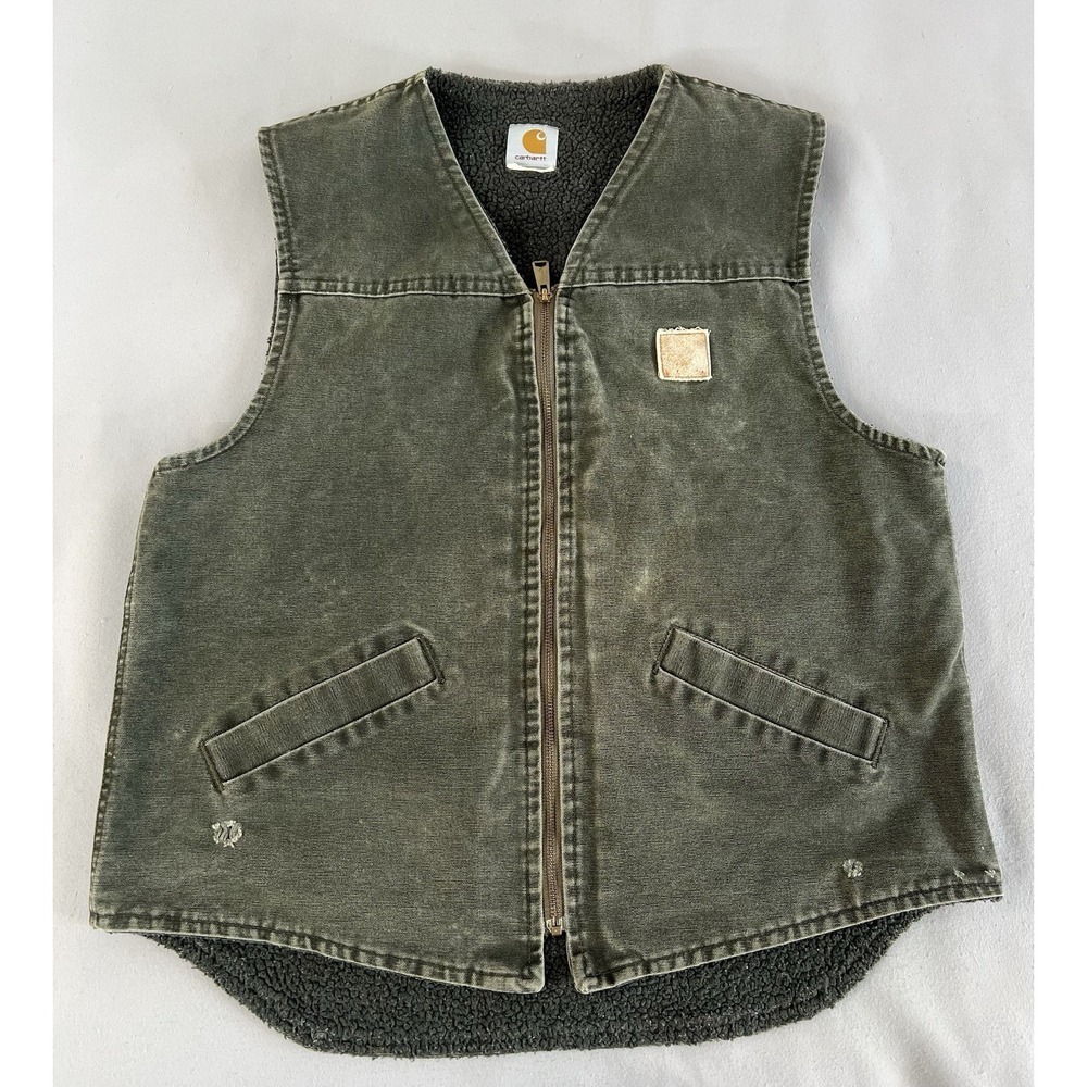 Vtg Carhartt Vest Men's Moss Green Duck Canvas Sherpa Lined Y2K - Picture 2 of 14